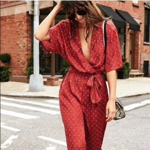 Urban Outfitters Red Floral Silk Jumpsuit with Tie Waist